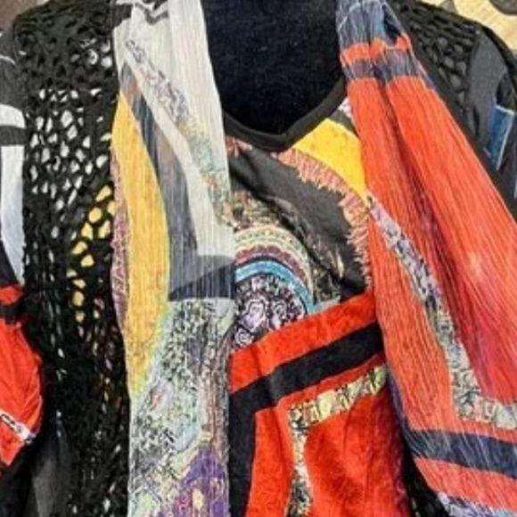 Alison Sheri Open front top with crochet backdrop multi colorful Sz L Women - Picture 3 of 9